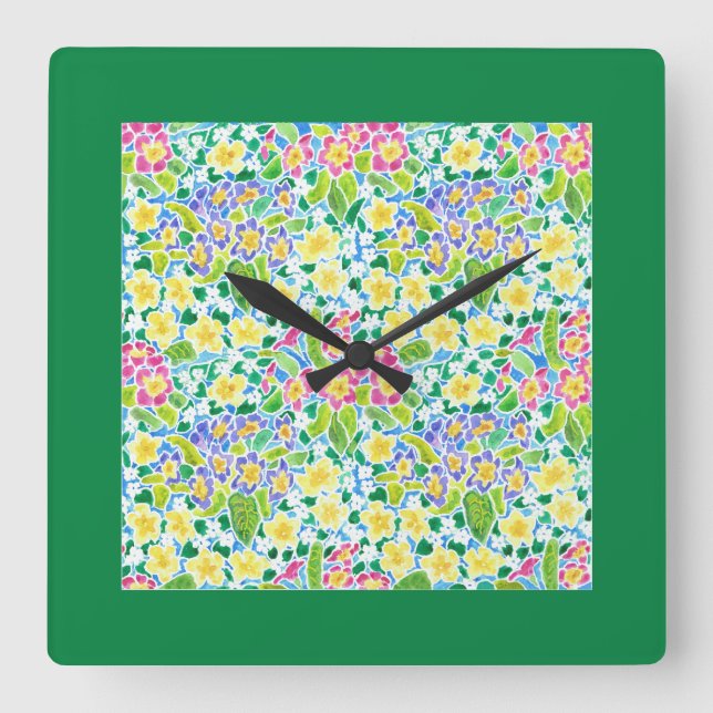 Horloge murale carré, Primroses printanières, Vert (Recto)