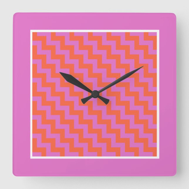 Horloge murale carré, Rose, Magenta, Chevrons oran (Recto)
