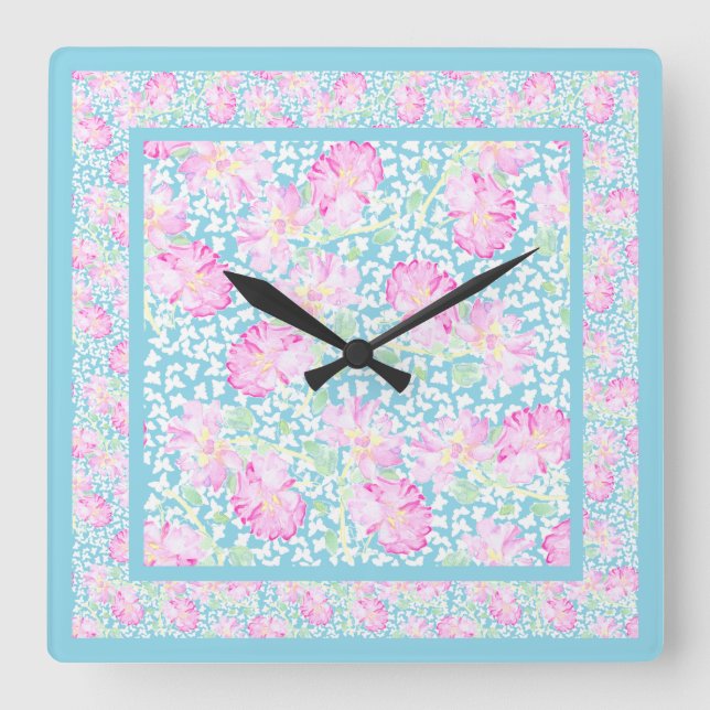 Horloge murale carré, Roses roses, Papillons blanc (Recto)