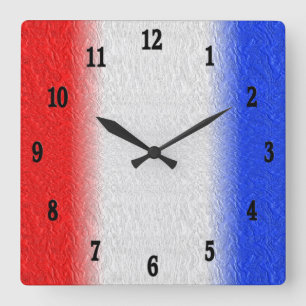 Horloge murale carrée à rayures rouge blanc et ble