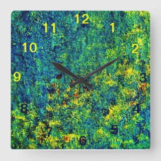 Horloge murale carrée fleurs abstraites bleu vert