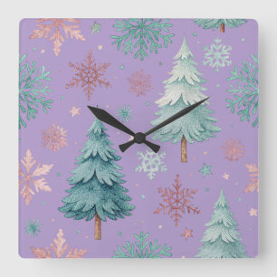 Horloge murale carrée sapin de Noël et flocons de 
