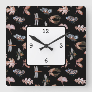 Horloge murale carrée thème Nature cuivre et noir