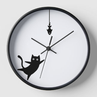 Horloge murale chat noir attrape un poisson