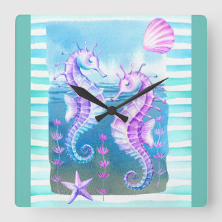 Horloge murale couleur aquarelle hippocampe et coq