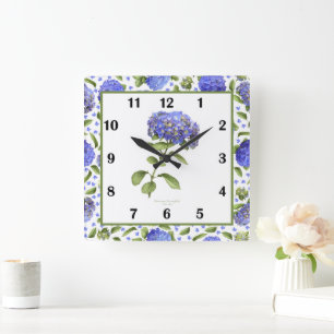 Horloge murale d'art botanique Blue Hydrangeas