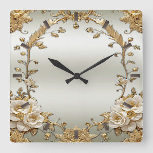 Horloge murale de fleurs blanches dorées