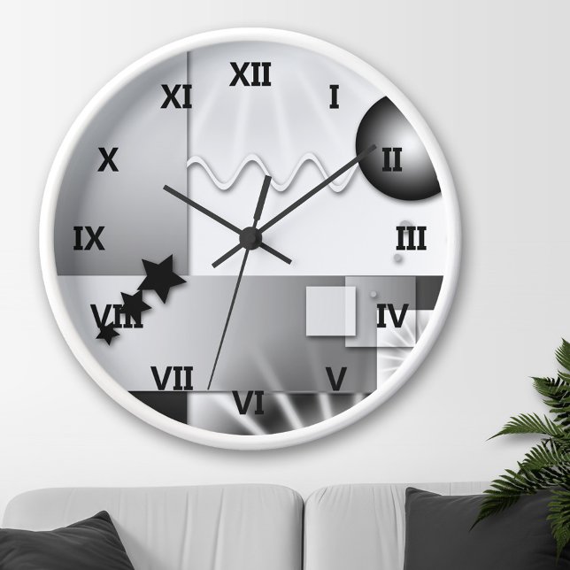 Horloge murale de style Art Déco noir et blanc (Wall clock with a playful geometric art deco design in black and white.)