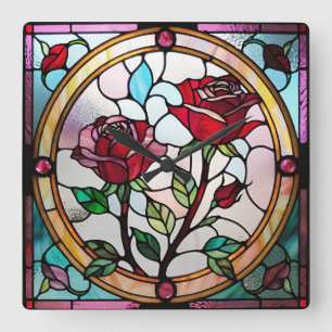 Horloge murale des roses rouges, Acrylique Carré d
