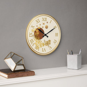 Horloge murale dorée - Planètes et galaxie rose