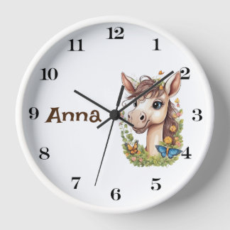Horloge murale du cheval mignon personnalisé : Cha