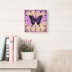 Horloge murale en acrylique papillon violet/noir d