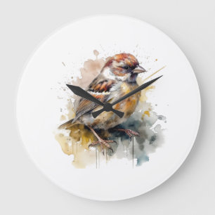 Horloge murale en aquarelle rustique de moineau d'