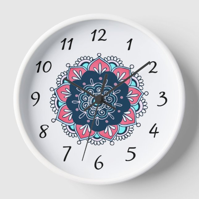 Horloge murale en bois de mandala rose et bleu (Recto)