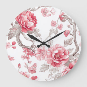 Horloge murale en chinoiserie blanche et rose
