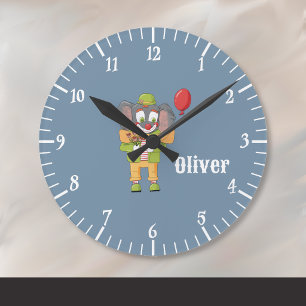 Horloge murale enfant éléphant clown cirque bleu