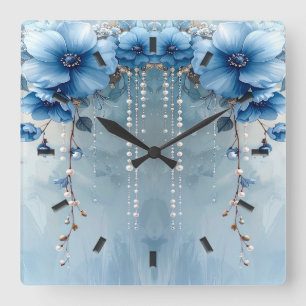 Horloge murale Fleurs bleues et perles