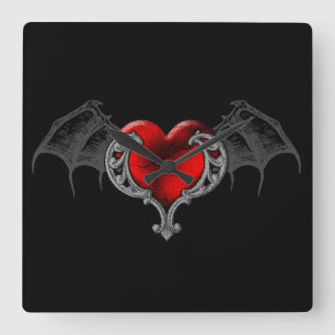 Horloge murale Goth cœur avec ailes de chauve-sour