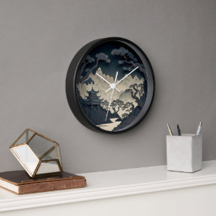 Horloge murale grise du paysage chinois encadré 3D