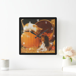 Horloge murale Kitten, citrouille et chiot