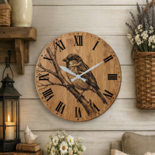 Horloge murale Moineau rustique sur branche
