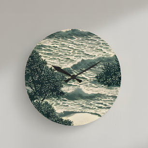 Horloge murale monochrome Zen Ocean Waves Art