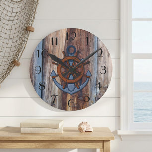 Horloge murale nautique d'ancre en bois rustique