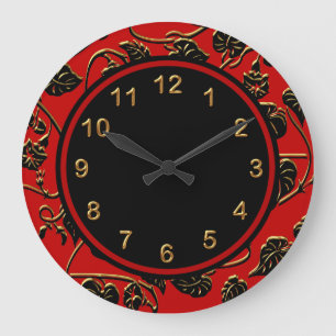 Horloge murale noir rouge or trim damas floral