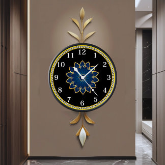 Horloge murale noire et or avec Mandala bleu
