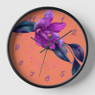 Horloge murale orange avec orchidée violette