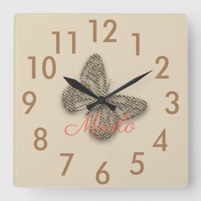 Horloge murale papillon doré avec nom personnalisé (Recto)