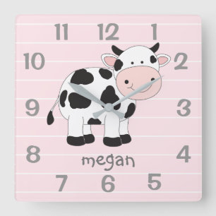 Horloge murale personnalisée de la vache rose