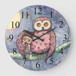 Horloge murale pour enfants Deux hiboux et une lun