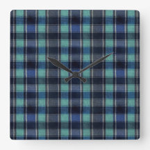 Horloge murale ronde à carreaux tartan sarcelle et