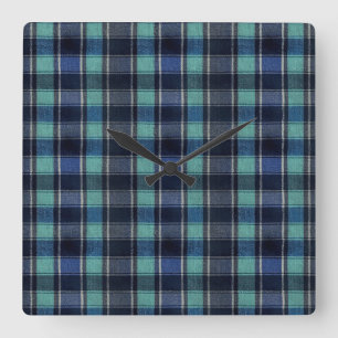 Horloge murale ronde à carreaux tartan sarcelle et