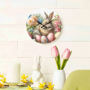 Horloge murale ronde de Pâques vintage lapin