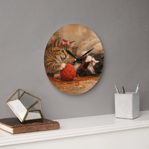 Horloge murale ronde en acrylique chatons jouant a