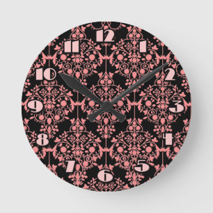 Horloge murale rose et noire Damas