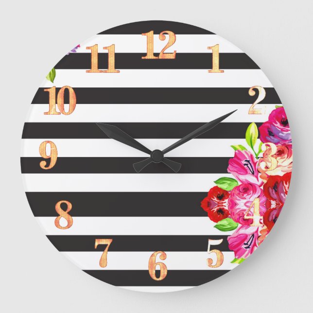 Horloge murale rose florale noire et blanche (Recto)
