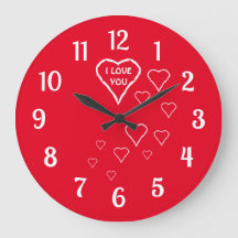 Horloge murale rouge avec coeurs blancs Love