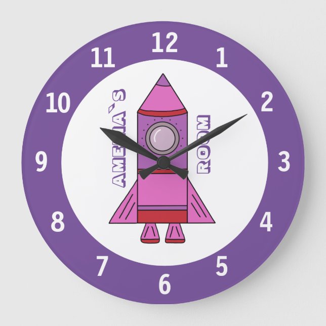Horloge murale Space Purple Rocket Ship avec nom (Recto)