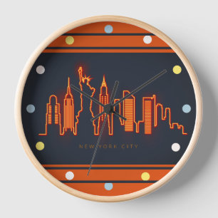 Horloge New York Skyline Orange Neon Look Mur