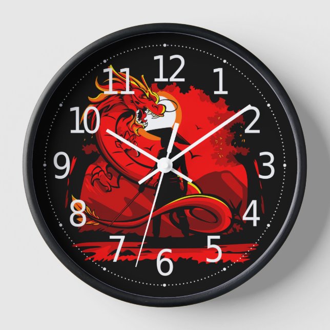 Horloge Noir Samurai Dragon Rouge Style japonais | (Recto)