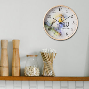 Horloge Oiseau Aquarelle moderne, Mur en bois Monogramme