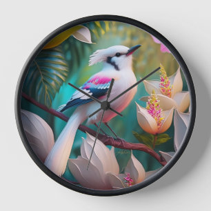 Horloge Oiseau Fantastique à Crête Blanche et Poitrine Ros