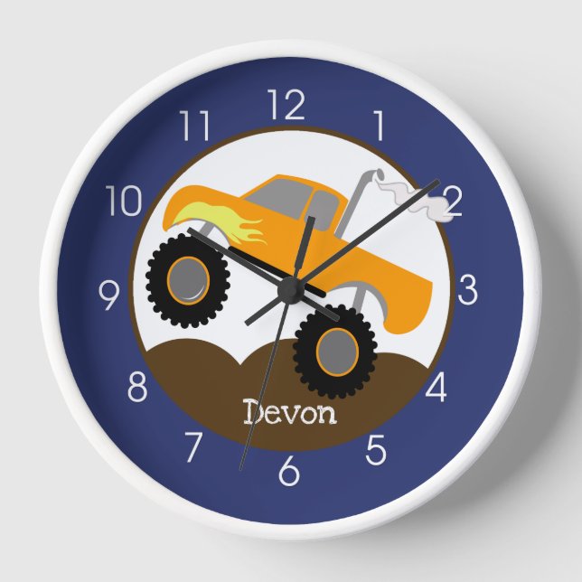 Horloge Orange Monster Truck Boys Nursery Enfants bébé (Recto)