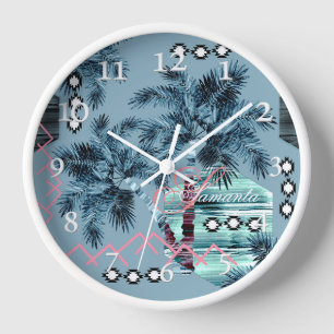 Horloge Palm Hawaiian bleu noir monogramme personnalisé