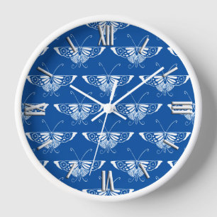 Horloge Papillon Art déco stylisé, bleu cobalt et blanc