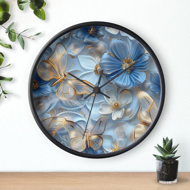 Horloge Papillons D'Or En Verre Bleu Sur L'Art 3D Fleur (Créateur téléchargé)