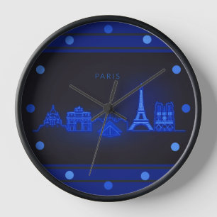 Horloge Paris Skline Neon Blue Look Cityscape Wall Round